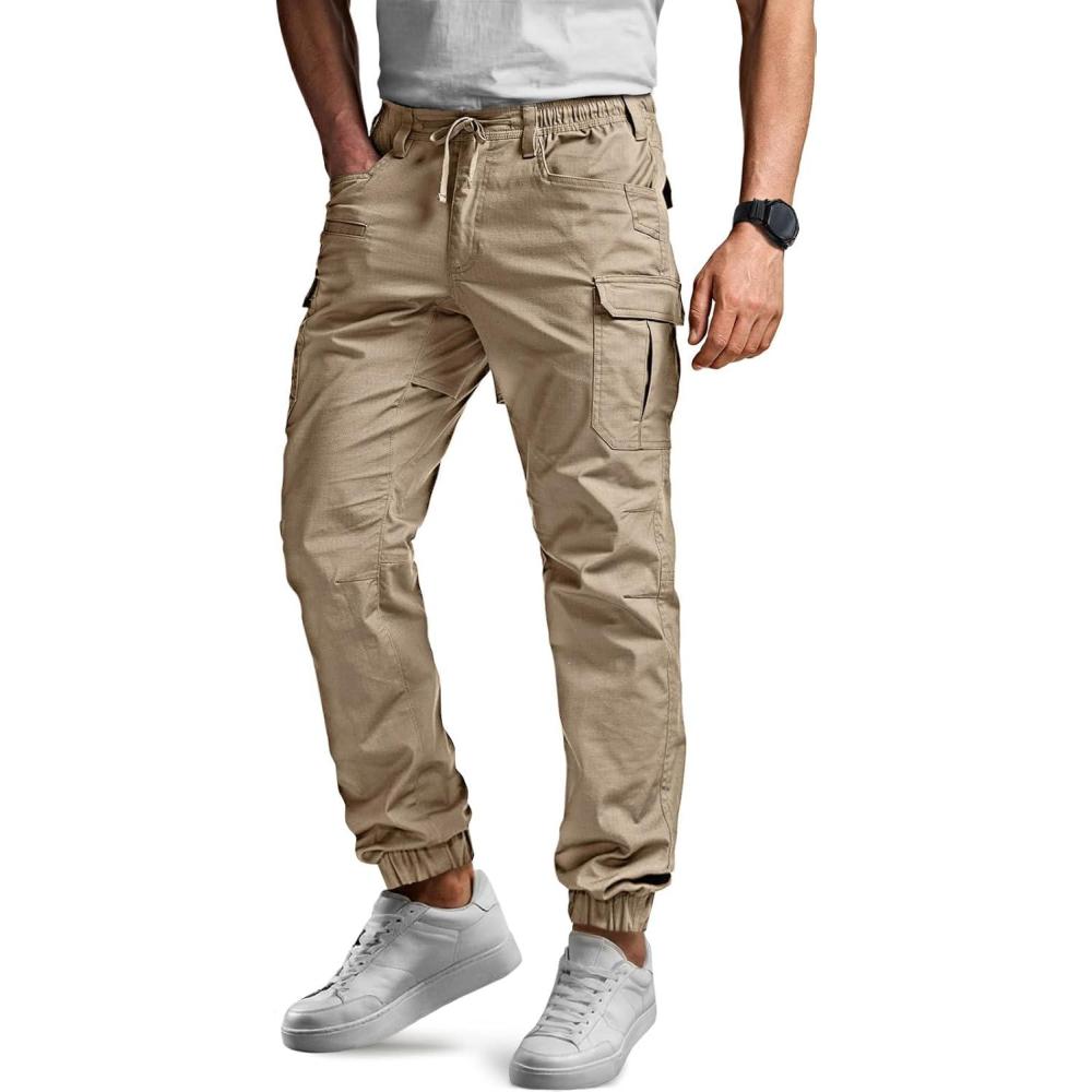 imageCQR Mens Flex Lightweight Joggers Elastic Waist Drawstring Casual Pants Tapered Fit Water Resistant Outdoor Cargo PantsSquad Alamo Khaki