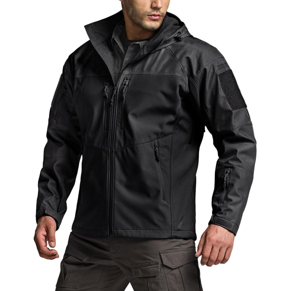 imageCQR Mens Hooded Tactical Softshell Jacket Water Resistant Fleece Lined Hoodie Winter Outdoor Hunting Hiking Rain WindModern Black