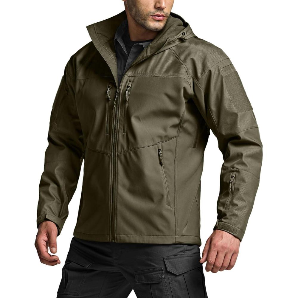 imageCQR Mens Hooded Tactical Softshell Jacket Water Resistant Fleece Lined Hoodie Winter Outdoor Hunting Hiking Rain WindModern Soil Green