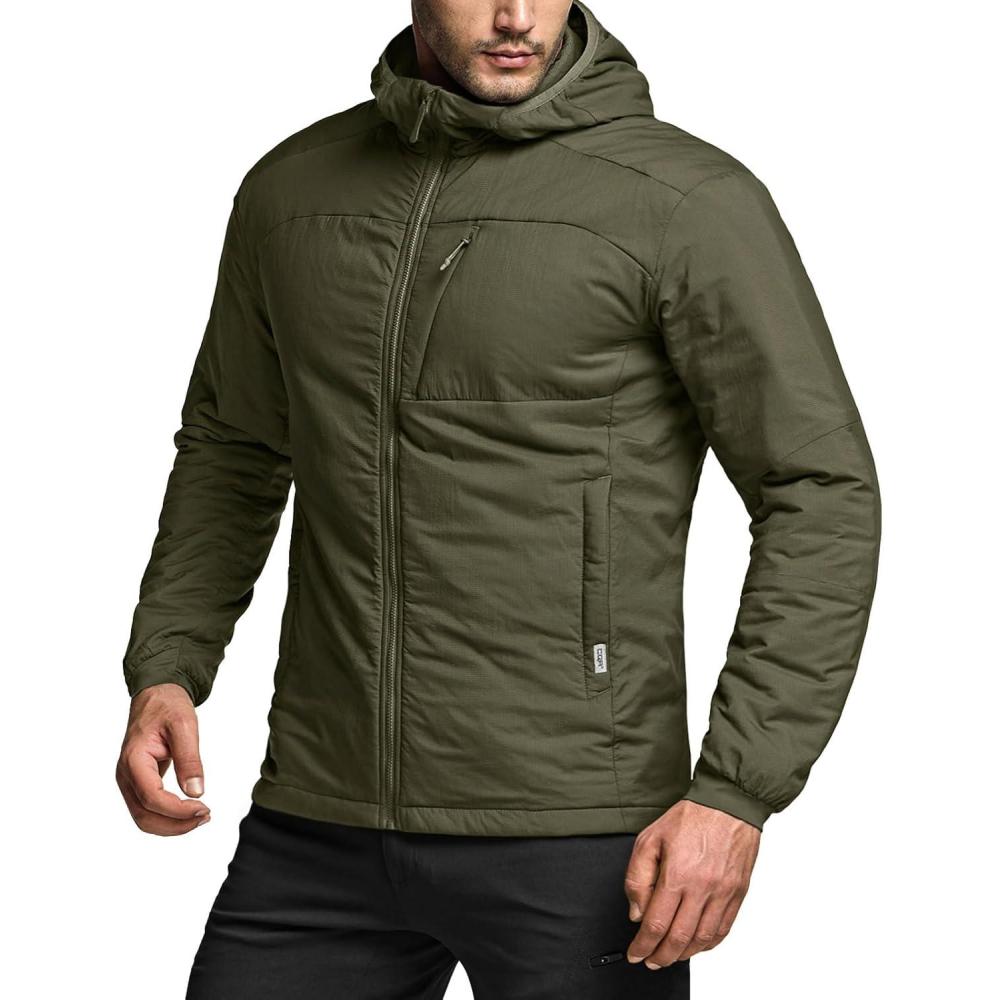 imageCQR Mens Lightweight Insulated Jacket Windproof Packable Water Resistant Warm Active Coat for Hiking Work Outdoor TacticalVeil Soil Green