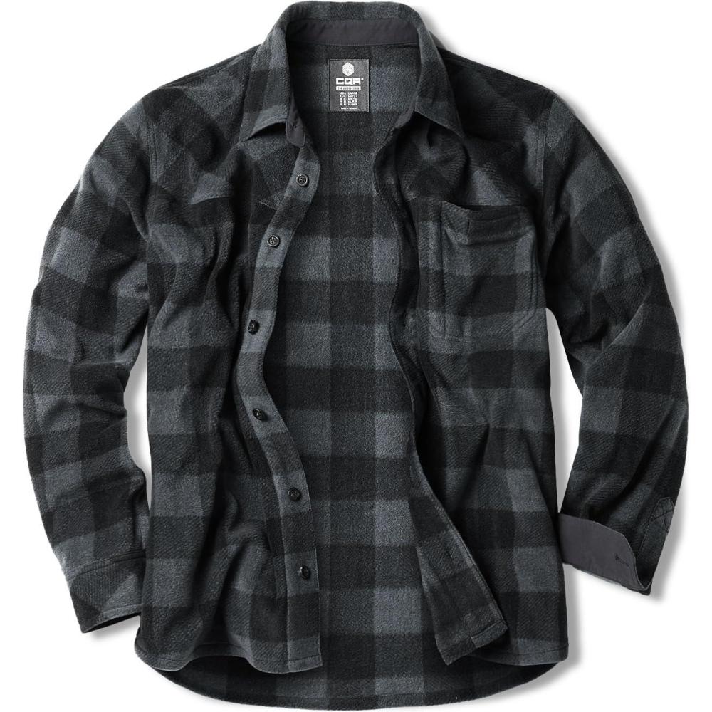 imageCQR Mens Long Sleeve Heavyweight Fleece Shirts Plaid Button Up Shirt Warm Outdoor Casual Shirt with PocketsBush Blend Fog Grey