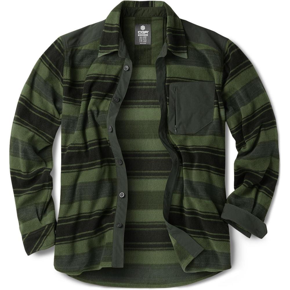 imageCQR Mens Long Sleeve Heavyweight Fleece Shirts Plaid Button Up Shirt Warm Outdoor Casual Shirt with PocketsBush Blend Wild Forest