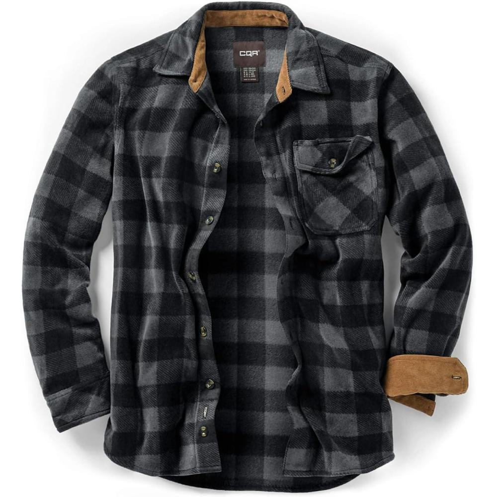 imageCQR Mens Long Sleeve Heavyweight Fleece Shirts Plaid Button Up Shirt Warm Outdoor Casual Shirt with PocketsOne Pocket Charcoal