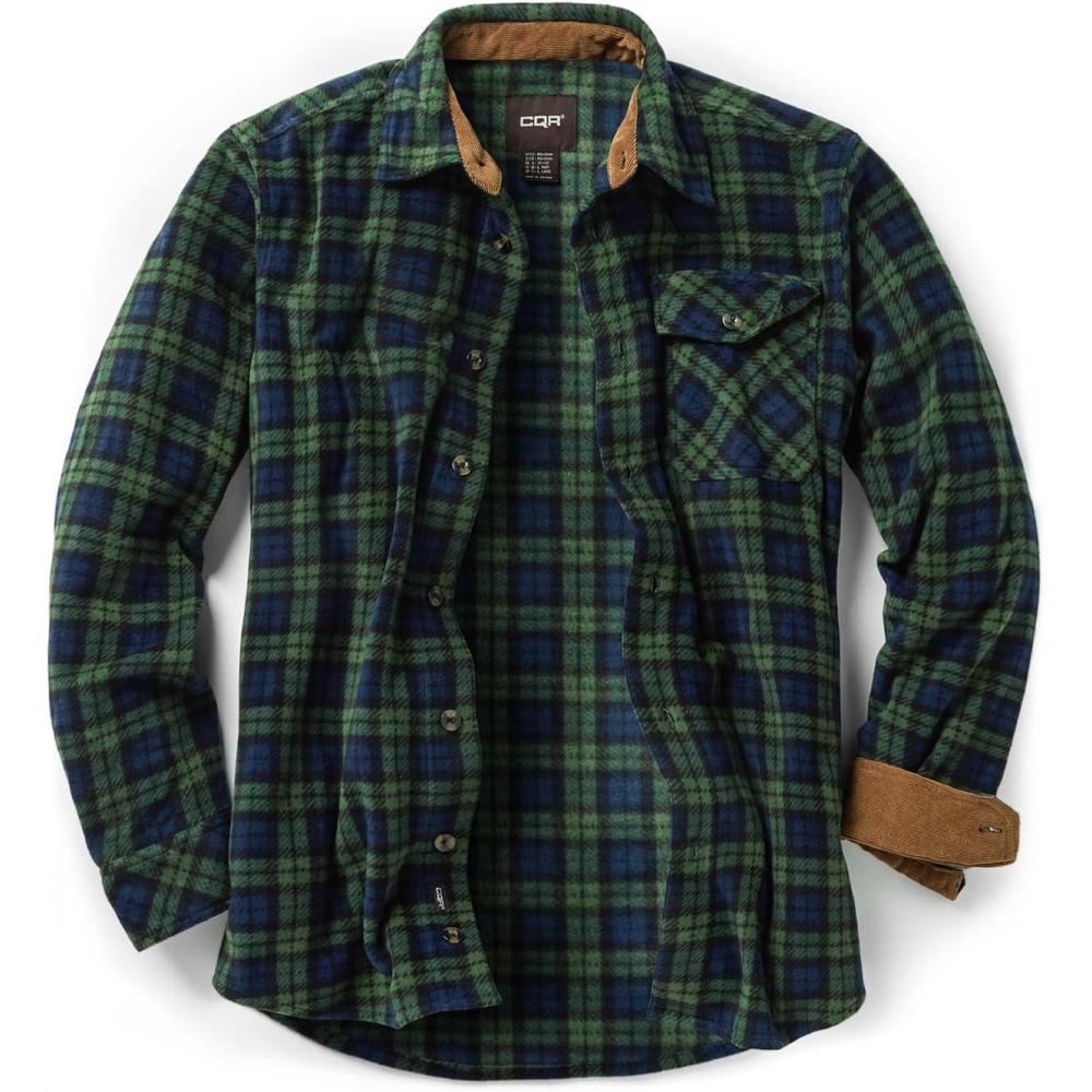 imageCQR Mens Long Sleeve Heavyweight Fleece Shirts Plaid Button Up Shirt Warm Outdoor Casual Shirt with PocketsOne Pocket Green