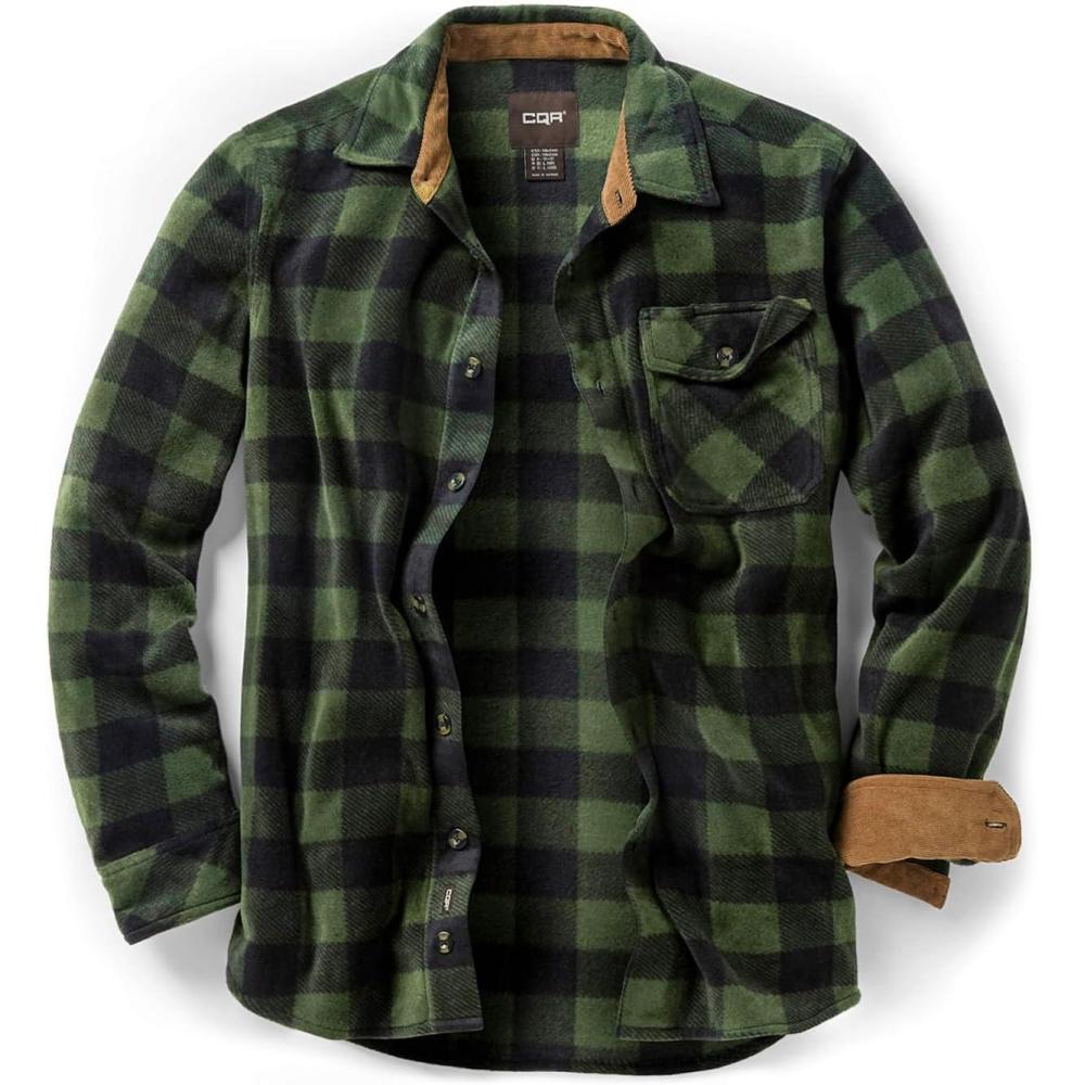 imageCQR Mens Long Sleeve Heavyweight Fleece Shirts Plaid Button Up Shirt Warm Outdoor Casual Shirt with PocketsOne Pocket Hunter