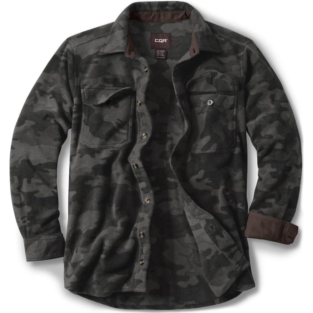 imageCQR Mens Long Sleeve Heavyweight Fleece Shirts Plaid Button Up Shirt Warm Outdoor Casual Shirt with PocketsOutland Camo Black