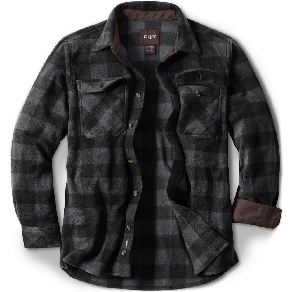 imageCQR Mens Long Sleeve Heavyweight Fleece Shirts Plaid Button Up Shirt Warm Outdoor Casual Shirt with PocketsOutland Charcoal