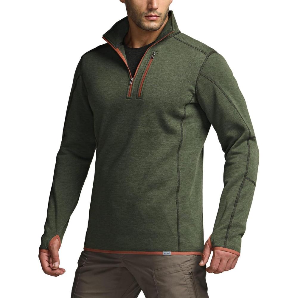 imageCQR Mens Quarter Zip Utility Fleece Pullover Outdoor Casual Thermal Sweater Chest Zipper Pocket Mock Neck Long SleeveApex Olive