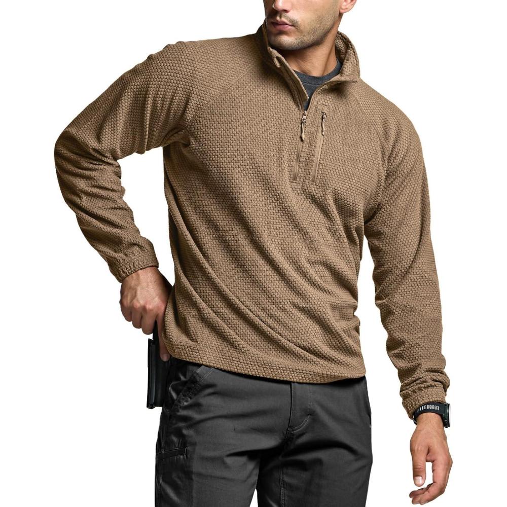 imageCQR Mens Quarter Zip Utility Fleece Pullover Outdoor Casual Thermal Sweater Chest Zipper Pocket Mock Neck Long SleeveFortress Coyote