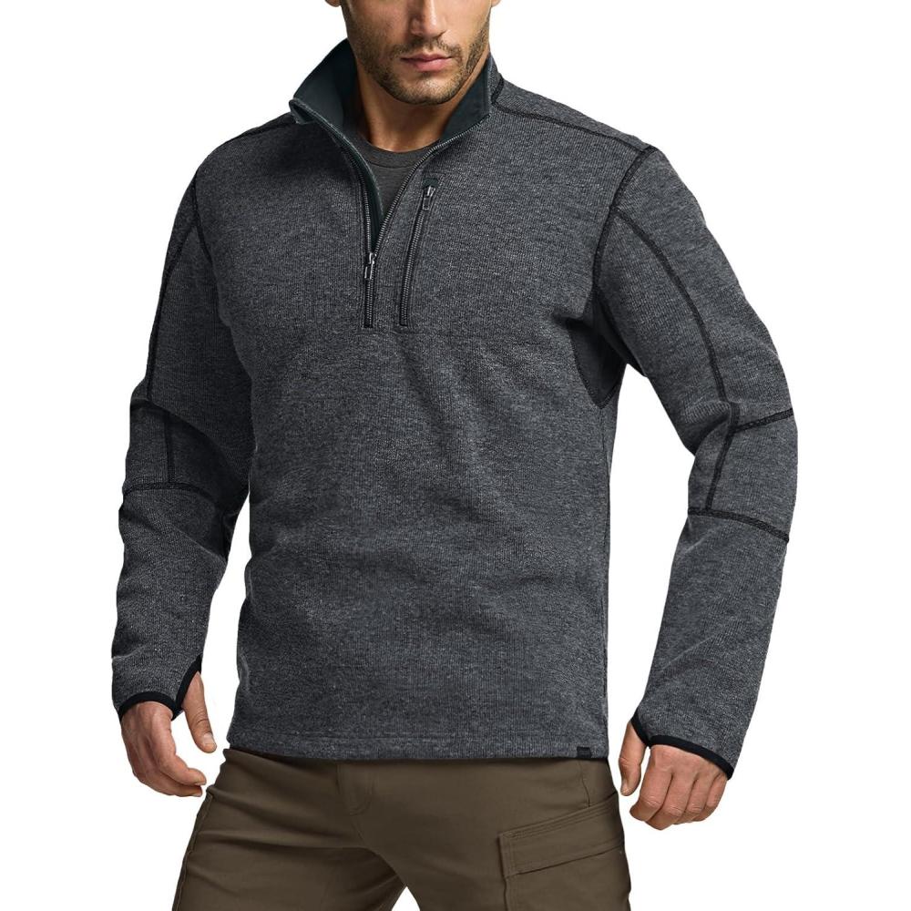 imageCQR Mens Quarter Zip Utility Fleece Pullover Outdoor Casual Thermal Sweater Chest Zipper Pocket Mock Neck Long SleeveTimberline Grey