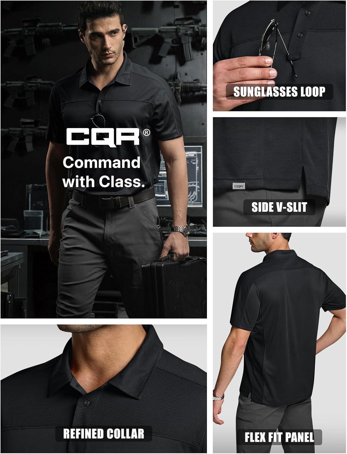 imageCQR Mens Polo Shirts Tactical Short Sleeve Golf Performance Shirts Lightweight Dry Fit UPF 50 PiqueCommander Black