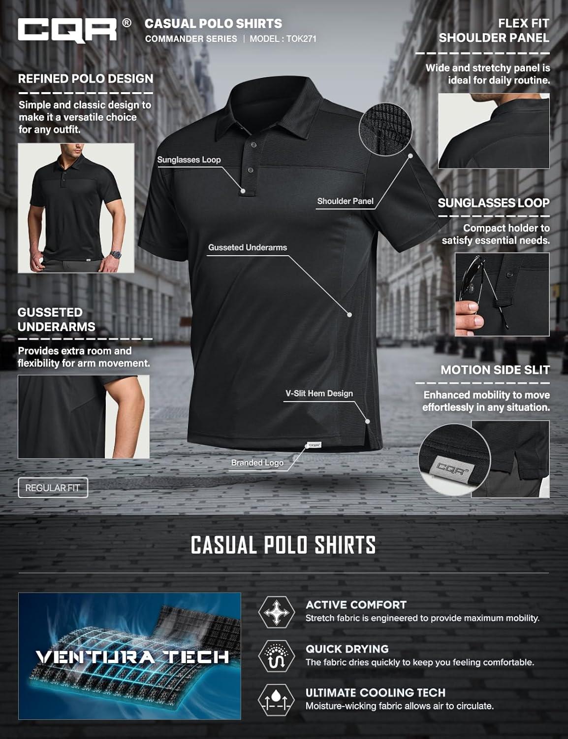 imageCQR Mens Polo Shirts Tactical Short Sleeve Golf Performance Shirts Lightweight Dry Fit UPF 50 PiqueCommander Black