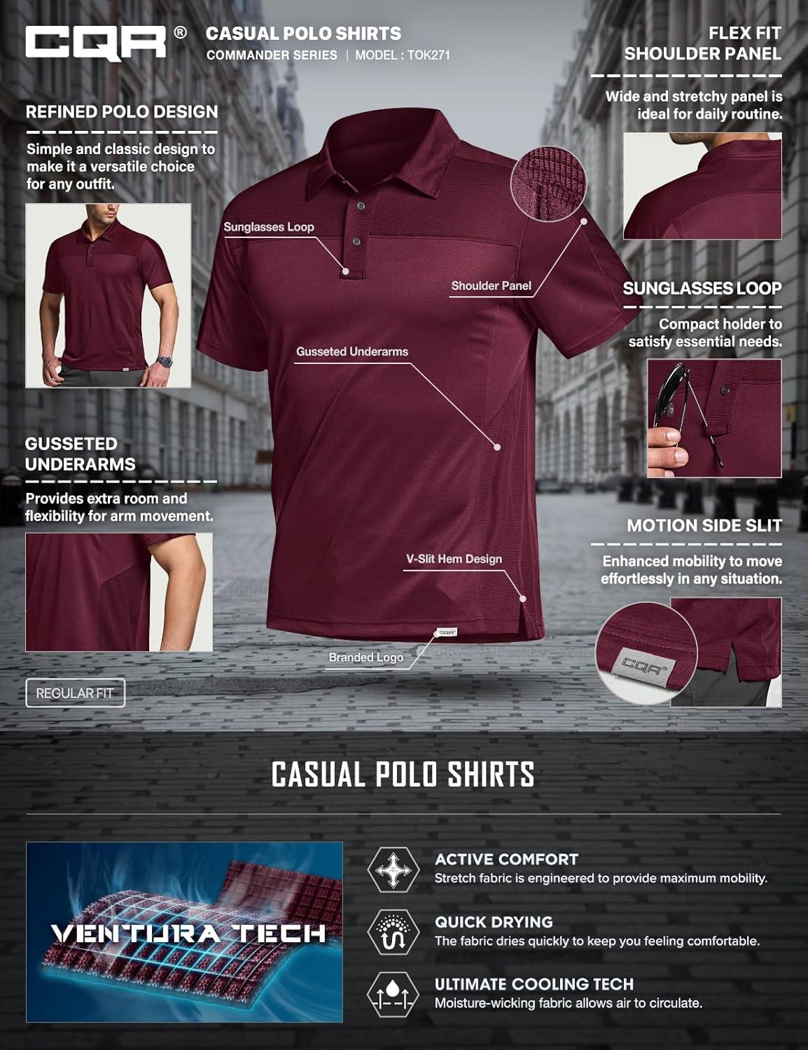 imageCQR Mens Polo Shirts Tactical Short Sleeve Golf Performance Shirts Lightweight Dry Fit UPF 50 PiqueCommander Burgundy