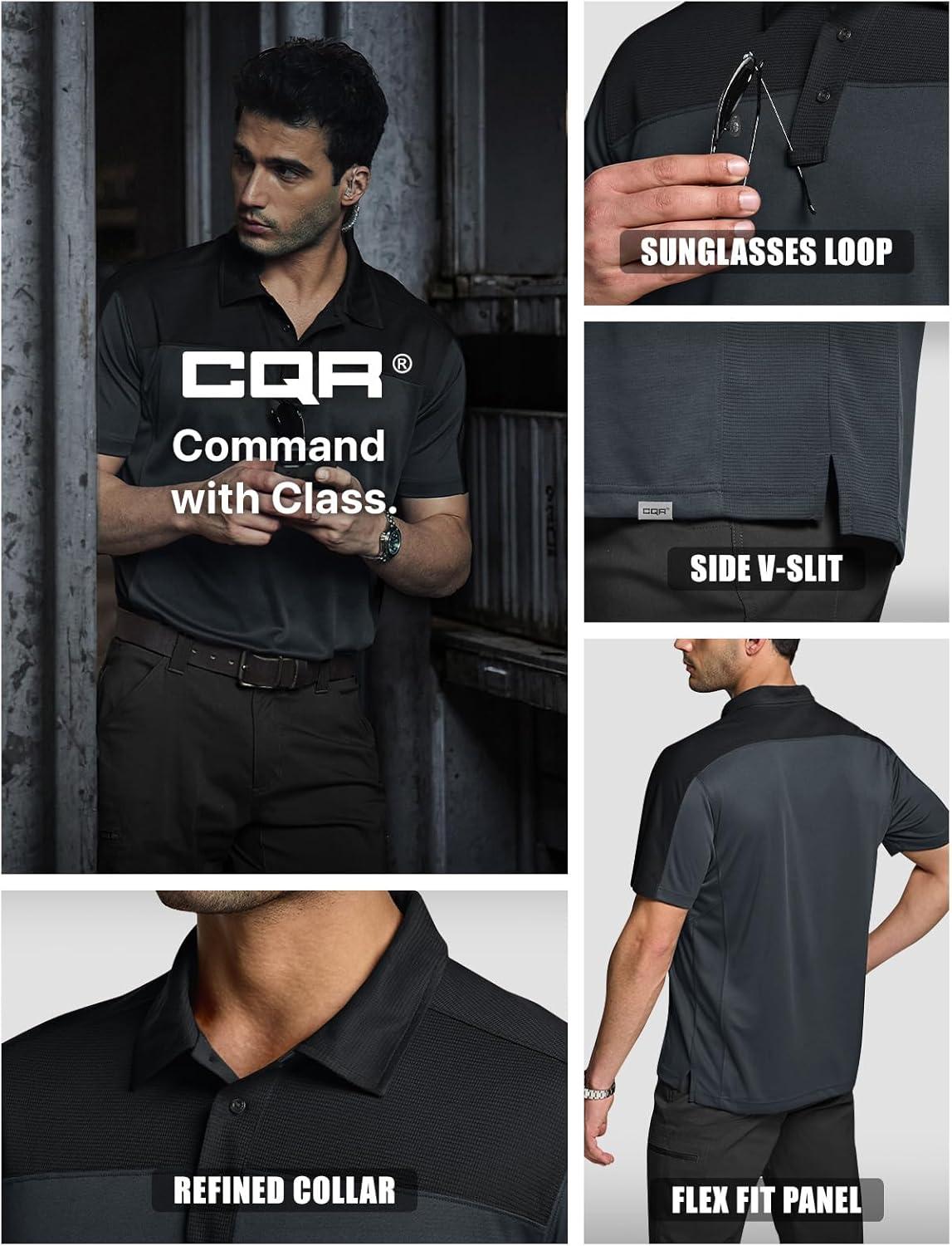imageCQR Mens Polo Shirts Tactical Short Sleeve Golf Performance Shirts Lightweight Dry Fit UPF 50 PiqueCommander Charcoal