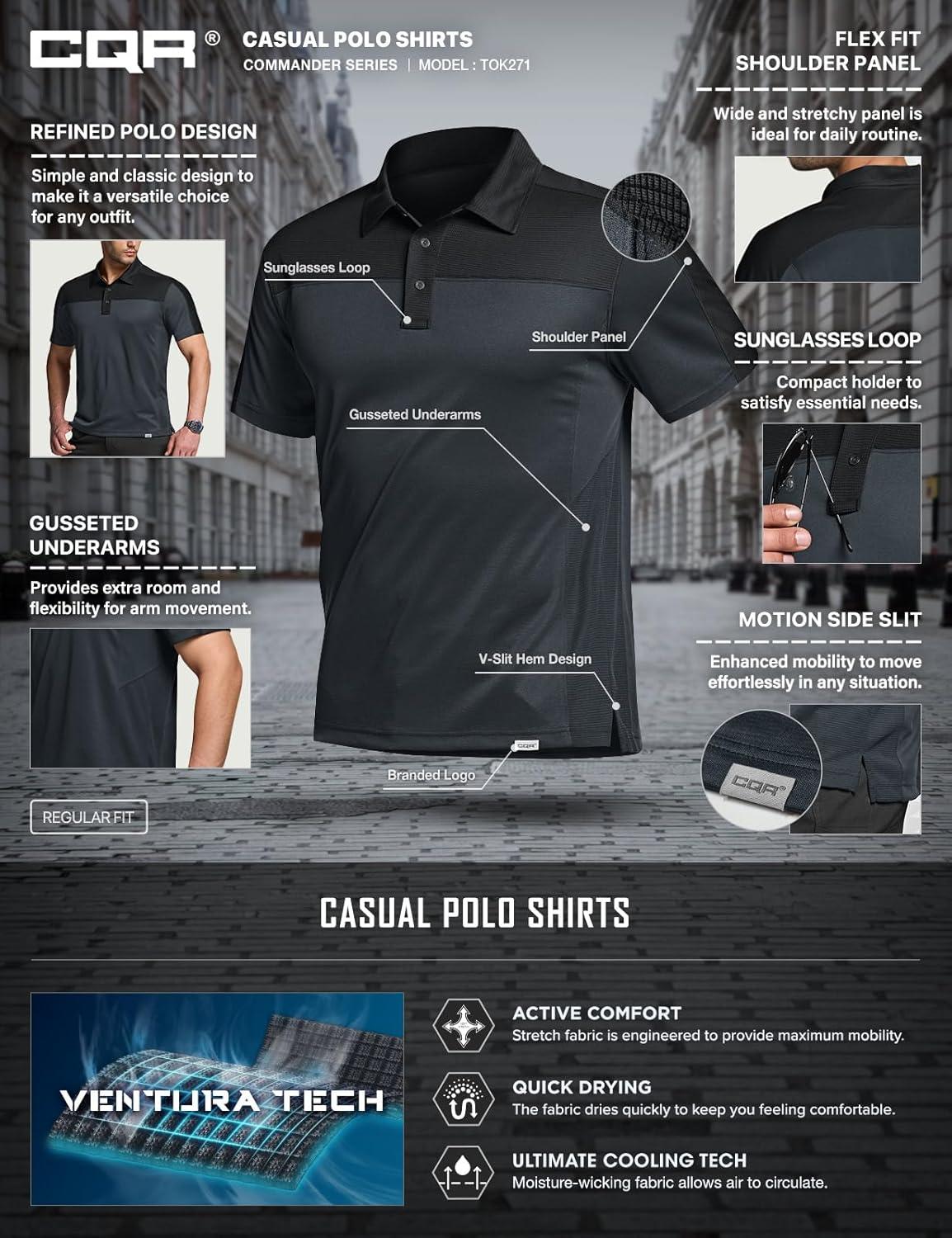 imageCQR Mens Polo Shirts Tactical Short Sleeve Golf Performance Shirts Lightweight Dry Fit UPF 50 PiqueCommander Charcoal