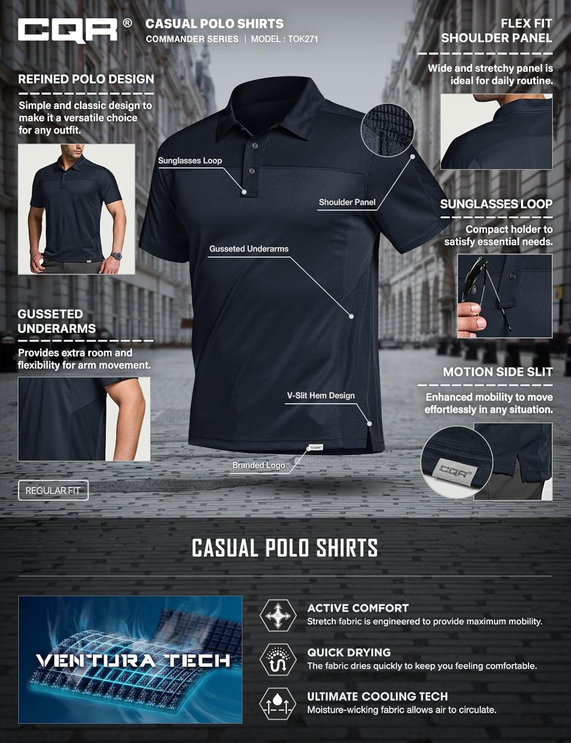 imageCQR Mens Polo Shirts Tactical Short Sleeve Golf Performance Shirts Lightweight Dry Fit UPF 50 PiqueCommander Police Navy