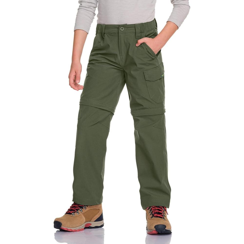 imageCQR Kids Youth Hiking Cargo Pants UPF 50 Quick Dry Convertible Zip Off Pants Outdoor Camping PantsShenah Trek Army Green
