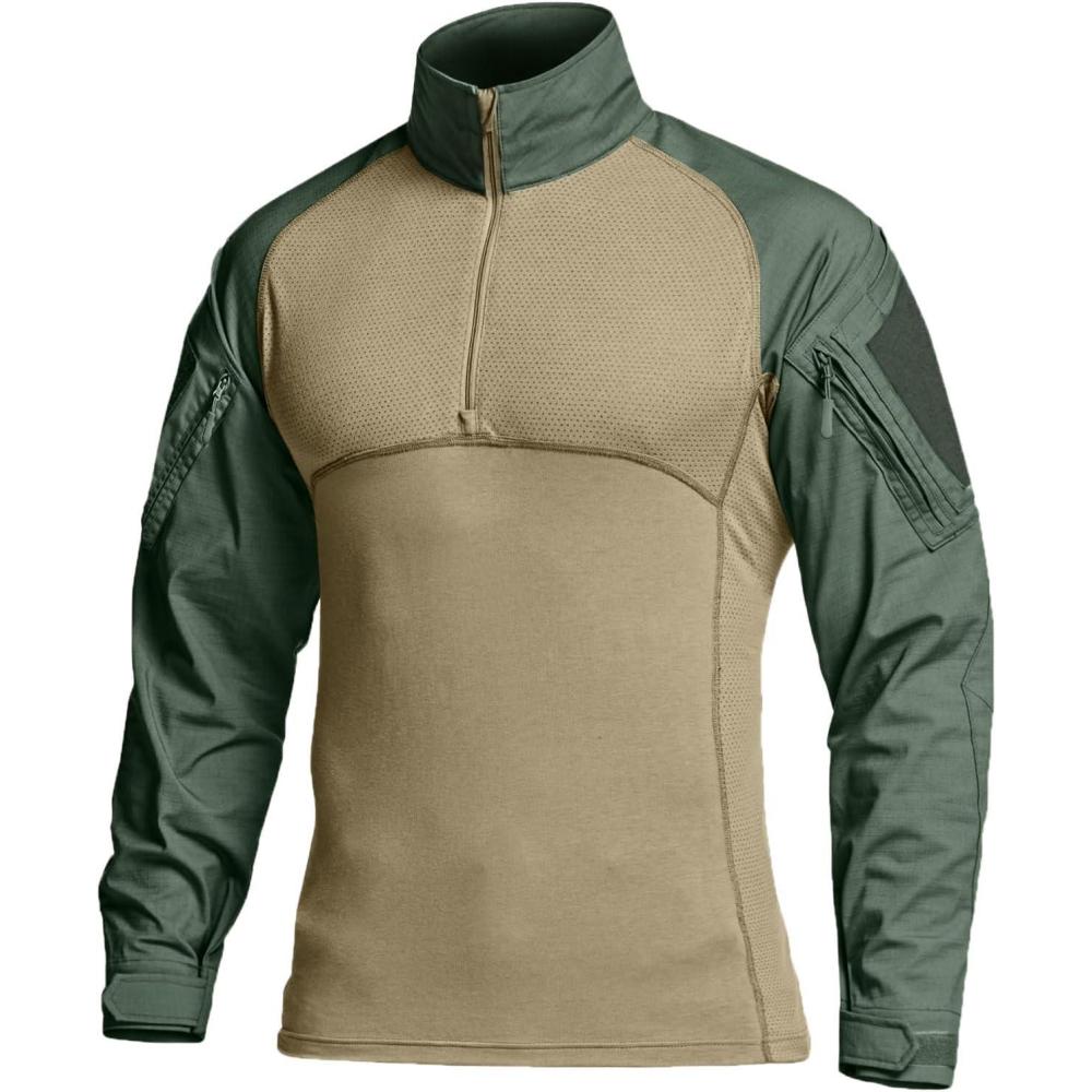 imageCQR Mens Combat Shirt Tactical 14 Zip Long Sleeve Military BDU Shirts Camo EDC Top with PocketsRaider Green Kelp