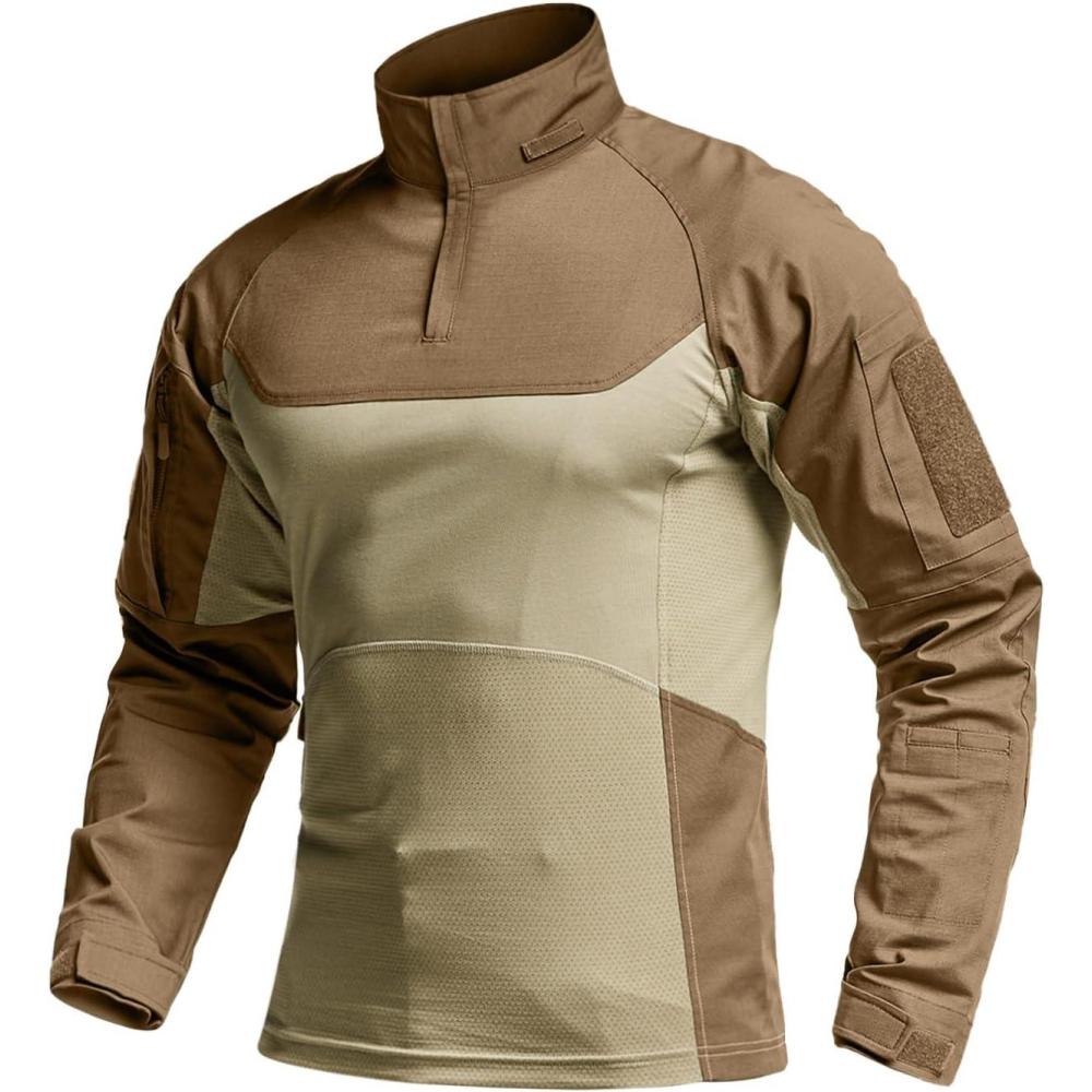 imageCQR Mens Combat Shirt Tactical 14 Zip Long Sleeve Military BDU Shirts Camo EDC Top with PocketsRaider Pro Cougar