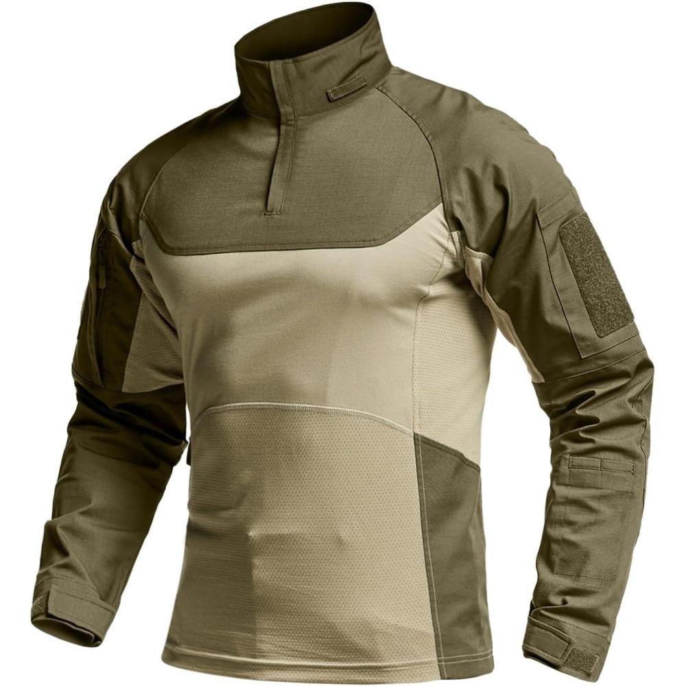 imageCQR Mens Combat Shirt Tactical 14 Zip Long Sleeve Military BDU Shirts Camo EDC Top with PocketsRaider Pro Soil Green