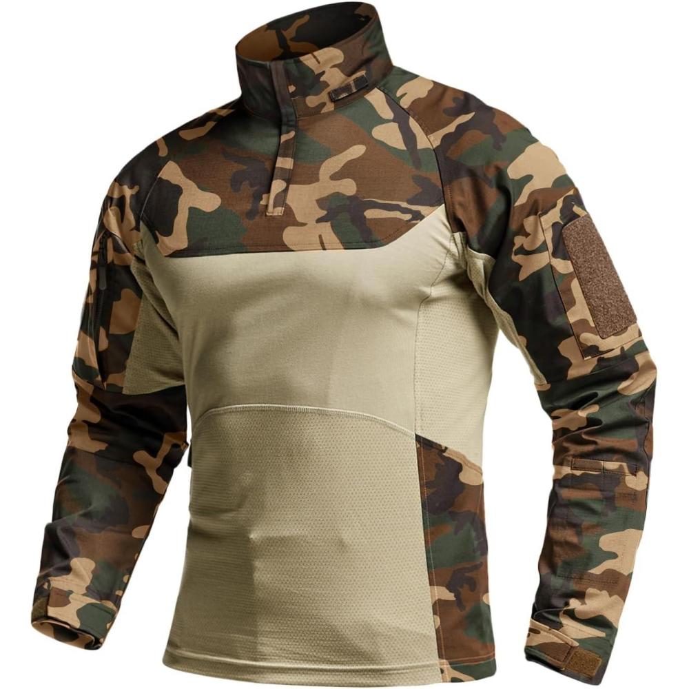 imageCQR Mens Combat Shirt Tactical 14 Zip Long Sleeve Military BDU Shirts Camo EDC Top with PocketsRaider Pro Woodland