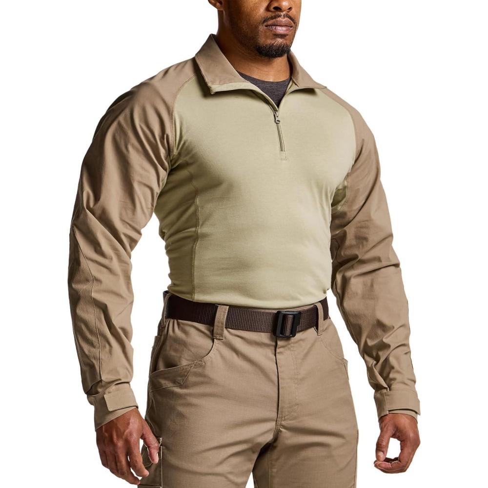 imageCQR Mens Combat Shirt Tactical 14 Zip Long Sleeve Military BDU Shirts Camo EDC Top with PocketsTac Chill Cougar