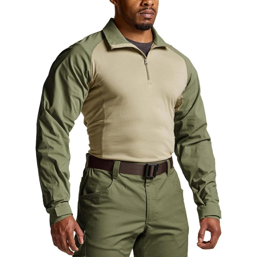 imageCQR Mens Combat Shirt Tactical 14 Zip Long Sleeve Military BDU Shirts Camo EDC Top with PocketsTac Chill Soil Green