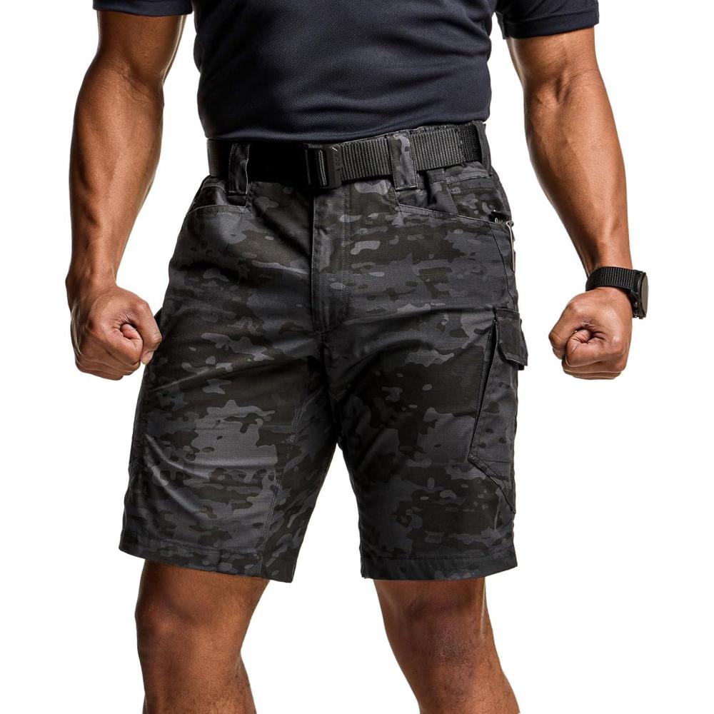 imageCQR Mens Flex Casual Cargo Shorts Lightweight Water Resistant Golf Shorts Stretch Tactical Work Shorts with MultiPocketTac Utility Camo Black