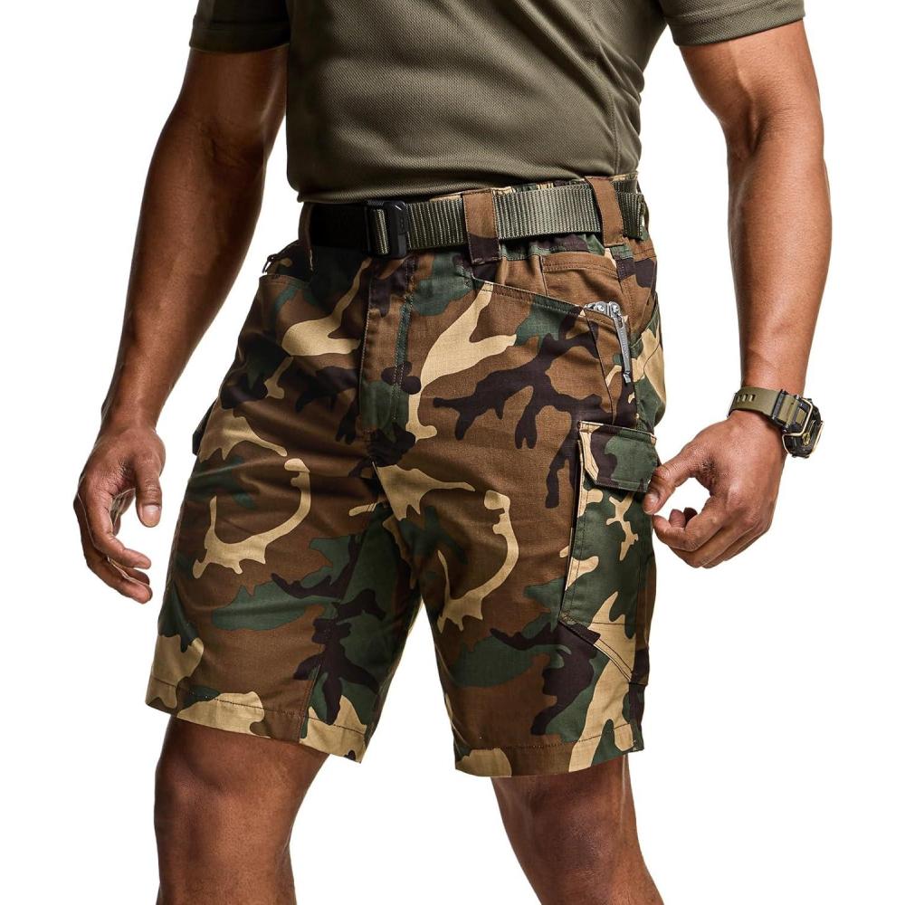 imageCQR Mens Flex Casual Cargo Shorts Lightweight Water Resistant Golf Shorts Stretch Tactical Work Shorts with MultiPocketTac Woodland Olive