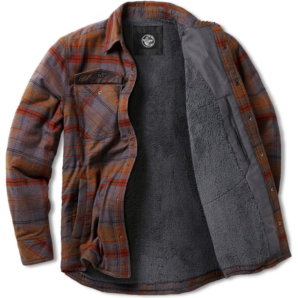 imageCQR Mens Plaid Flannel Shirt Jacket Long Sleeve Soft Warm SherpaQuilted Lined Jacket Outdoor Button UpZipFront JacketStealth Harvest
