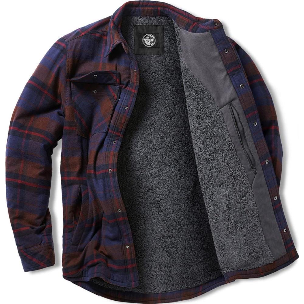 imageCQR Mens Plaid Flannel Shirt Jacket Long Sleeve Soft Warm SherpaQuilted Lined Jacket Outdoor Button UpZipFront JacketStealth Woods Night
