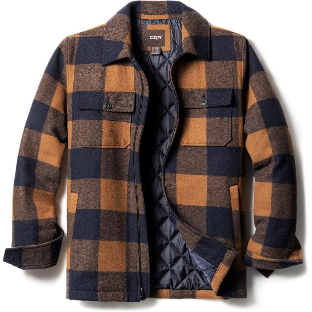 imageCQR Mens Plaid Flannel Shirt Jacket Long Sleeve Soft Warm SherpaQuilted Lined Jacket Outdoor Button UpZipFront JacketWool Jk Buffalo Brown Plaid