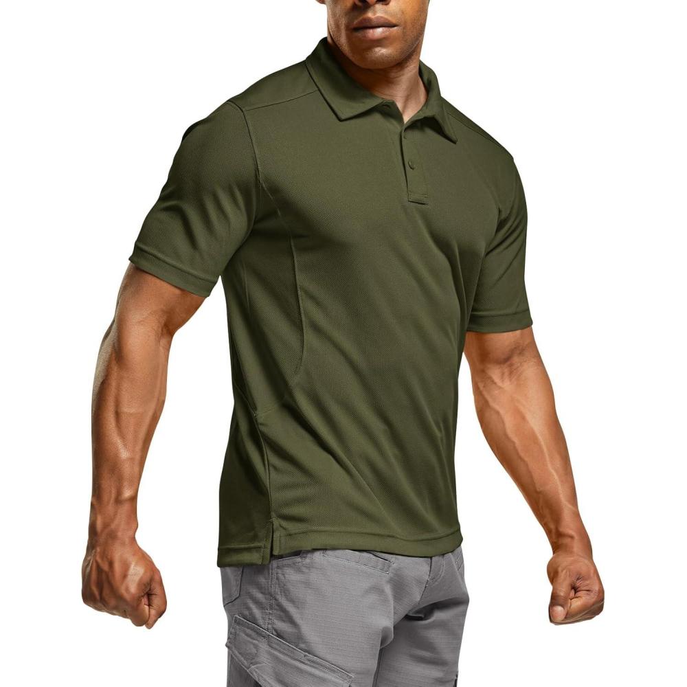 imageCQR Mens Polo Shirts Tactical Short Sleeve Golf Performance Shirts Lightweight Dry Fit UPF 50 PiqueFrost Essential Army Green