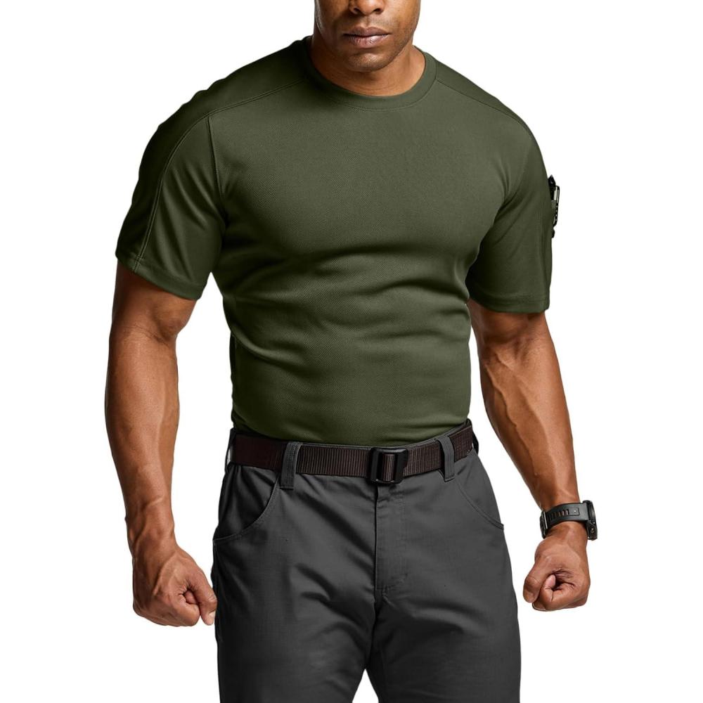 imageCQR Mens Polo Shirts Tactical Short Sleeve Golf Performance Shirts Lightweight Dry Fit UPF 50 PiqueFrost Pro Crewneck Army Green