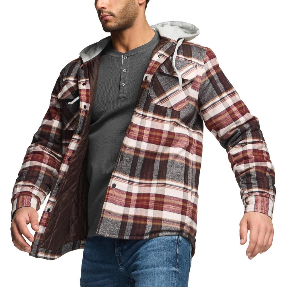 imageCQR Mens Quilted Lined Flannel Hooded Shirt Jacket Soft Warm Long Sleeve Outdoor Cotton Plaid Shirt JacketsQuilted Lined Folk Tale