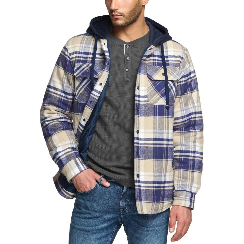 imageCQR Mens Quilted Lined Flannel Hooded Shirt Jacket Soft Warm Long Sleeve Outdoor Cotton Plaid Shirt JacketsQuilted Lined Sedimentary Blue