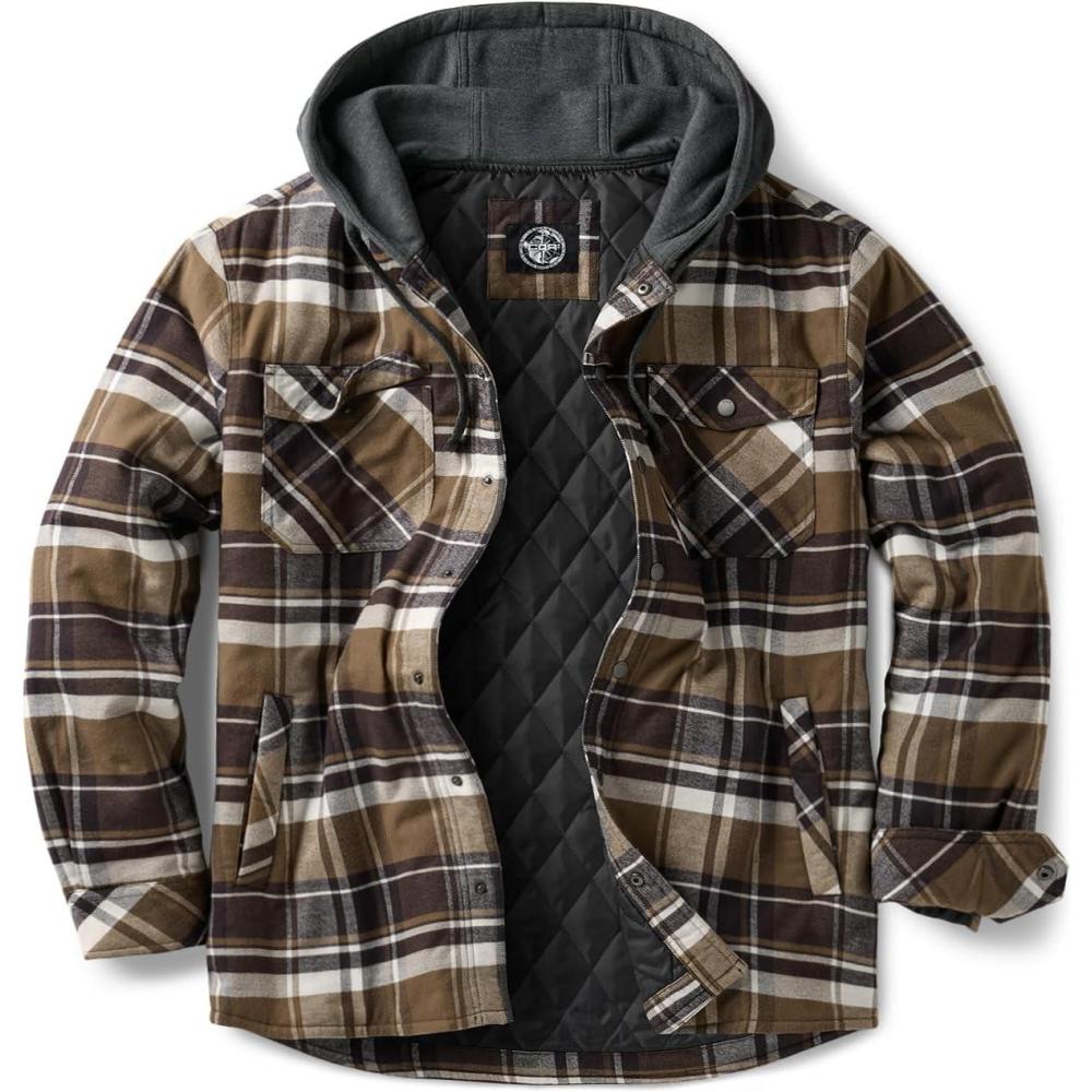 imageCQR Mens Quilted Lined Flannel Hooded Shirt Jacket Soft Warm Long Sleeve Outdoor Cotton Plaid Shirt JacketsStealth Aged Barrel