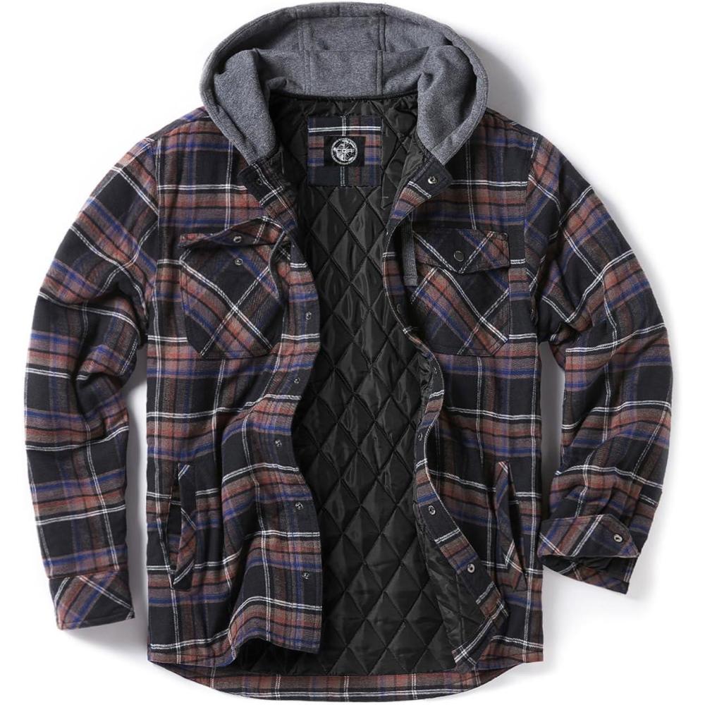 imageCQR Mens Quilted Lined Flannel Hooded Shirt Jacket Soft Warm Long Sleeve Outdoor Cotton Plaid Shirt JacketsStealth Coal Miner