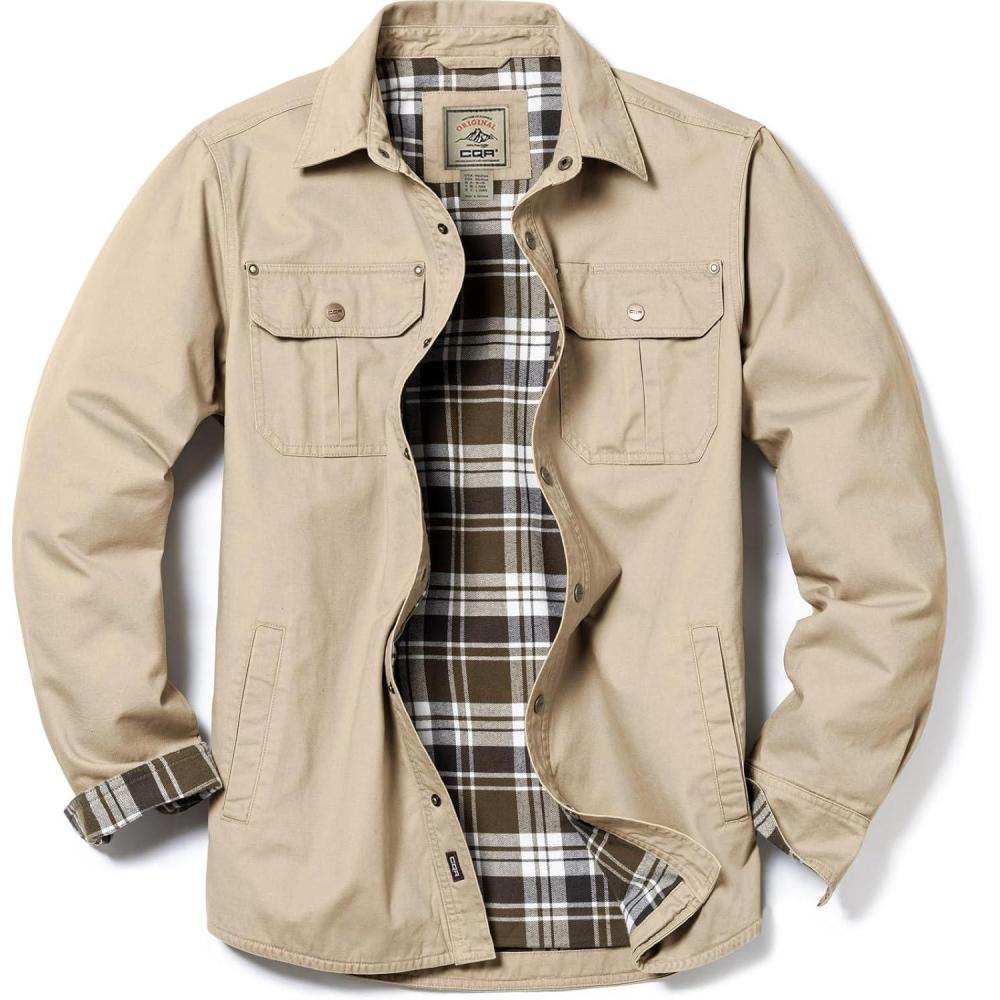 imageCQR Mens Twill All Cotton Flannel Lined Shirt Jacket Soft Brushed Outdoor Shirt JacketTwill Shirt Jacket Khaki