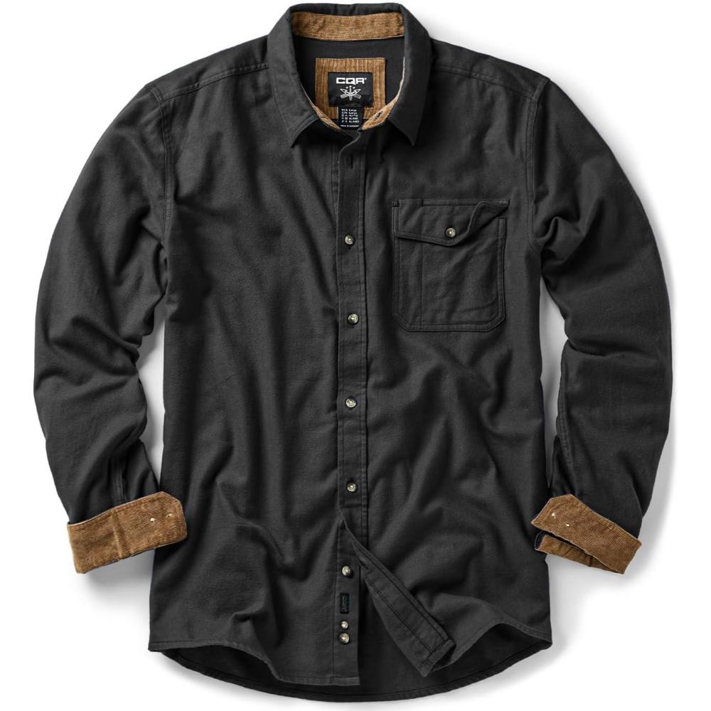 imageCQR Mens 100 All Cotton Button Down Flannel Shirts Long Sleeve Brushed Warm Soft Casual Outdoor Plaid ShirtCorduroy Coal Black