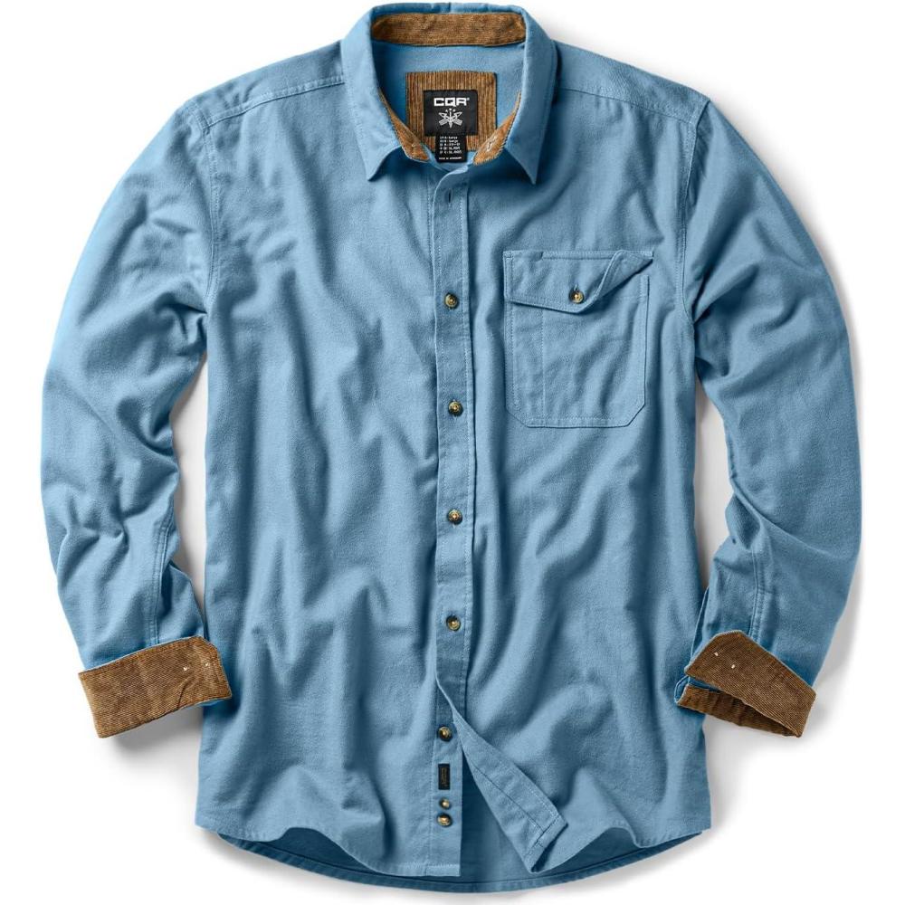 imageCQR Mens 100 All Cotton Button Down Flannel Shirts Long Sleeve Brushed Warm Soft Casual Outdoor Plaid ShirtCorduroy Peacock Blue