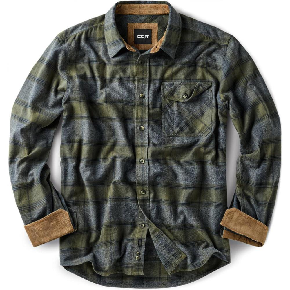imageCQR Mens 100 All Cotton Button Down Flannel Shirts Long Sleeve Brushed Warm Soft Casual Outdoor Plaid ShirtPlaid Amazon Grey