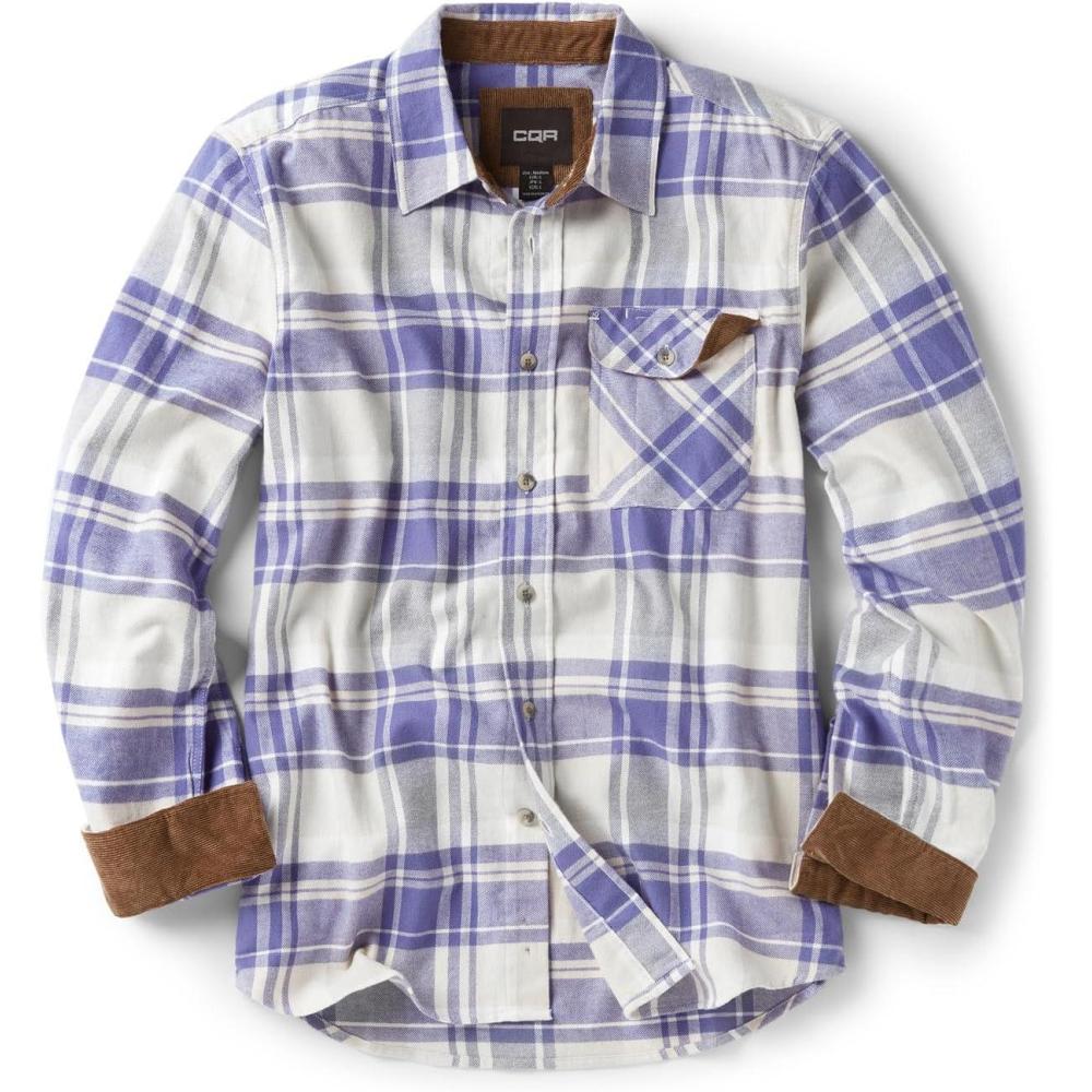 imageCQR Mens 100 All Cotton Button Down Flannel Shirts Long Sleeve Brushed Warm Soft Casual Outdoor Plaid ShirtPlaid Cream Blue