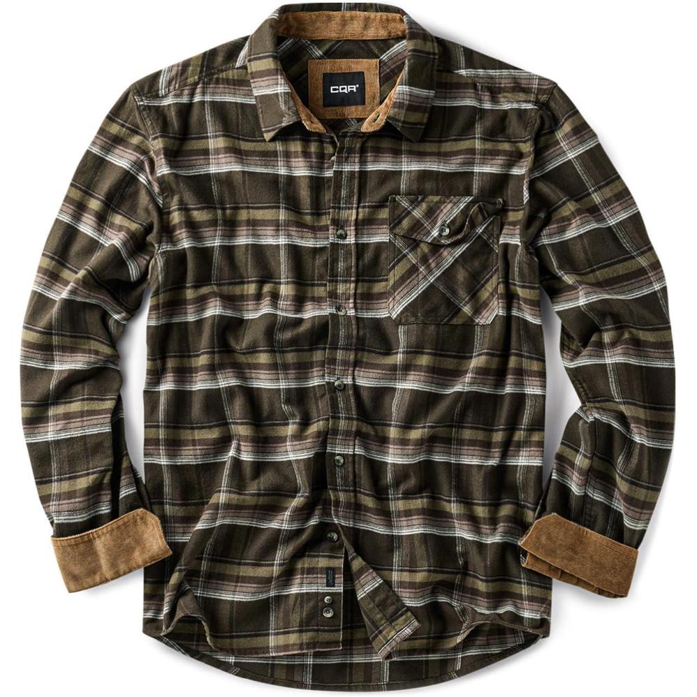 imageCQR Mens 100 All Cotton Button Down Flannel Shirts Long Sleeve Brushed Warm Soft Casual Outdoor Plaid ShirtPlaid Hickory Green