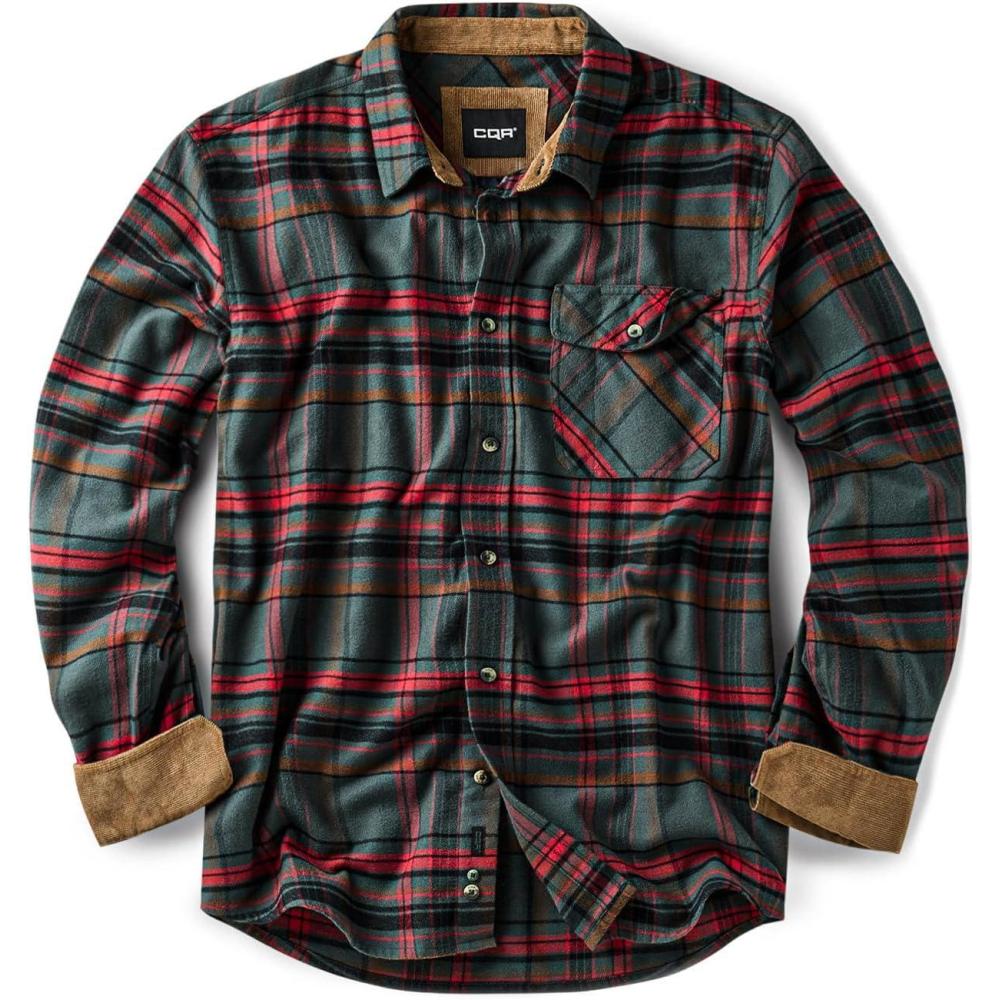 imageCQR Mens 100 All Cotton Button Down Flannel Shirts Long Sleeve Brushed Warm Soft Casual Outdoor Plaid ShirtPlaid Woodlot