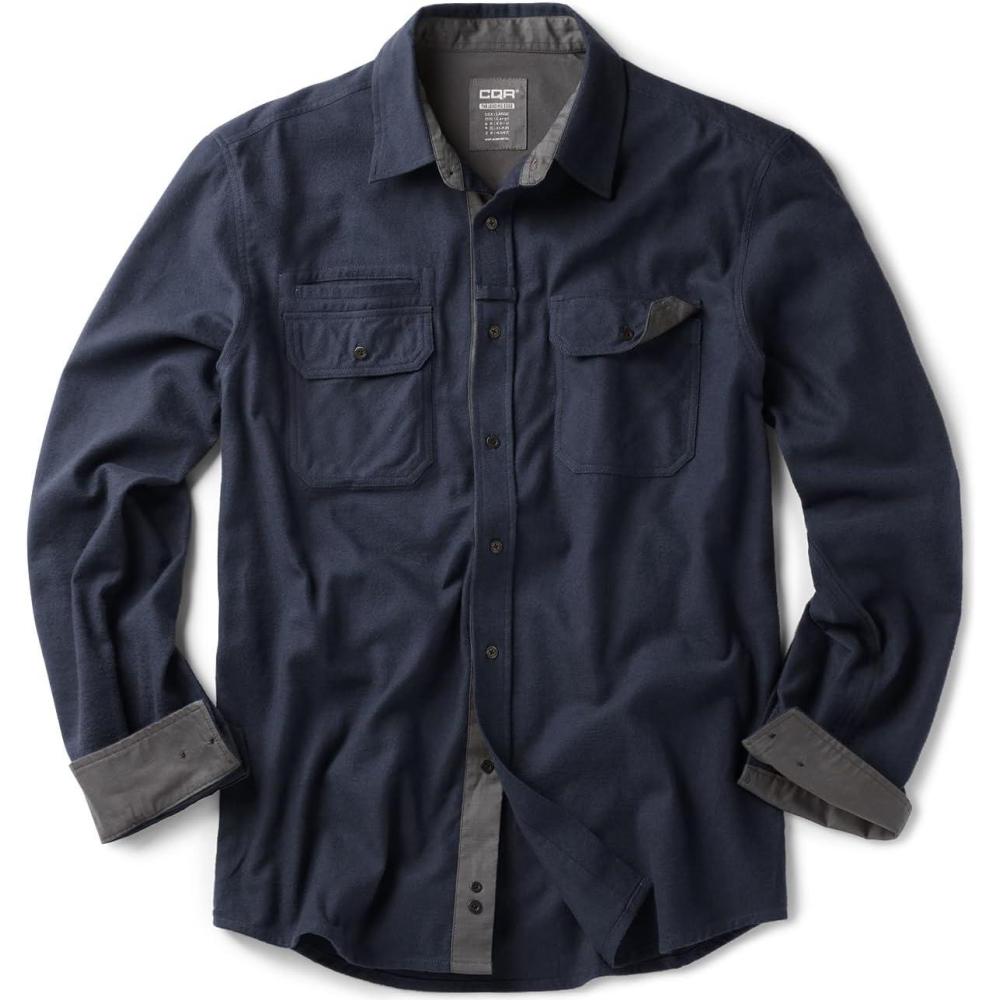 imageCQR Mens 100 All Cotton Button Down Flannel Shirts Long Sleeve Brushed Warm Soft Casual Outdoor Plaid ShirtSolid Navy