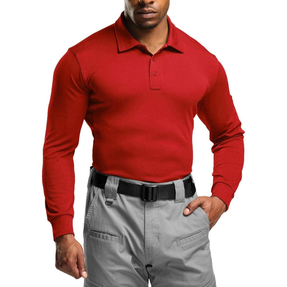 imageCQR Mens Polo Shirt Long Sleeve Tactical Shirts Outdoor UPF 50 Pique Shirt Dry Fit Lightweight Golf ShirtsFrost Essential Long Red