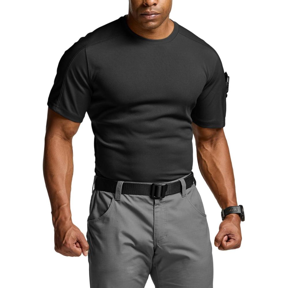 imageCQR Mens Polo Shirts Tactical Short Sleeve Golf Performance Shirts Lightweight Dry Fit UPF 50 PiqueFrost Pro Crewneck Black