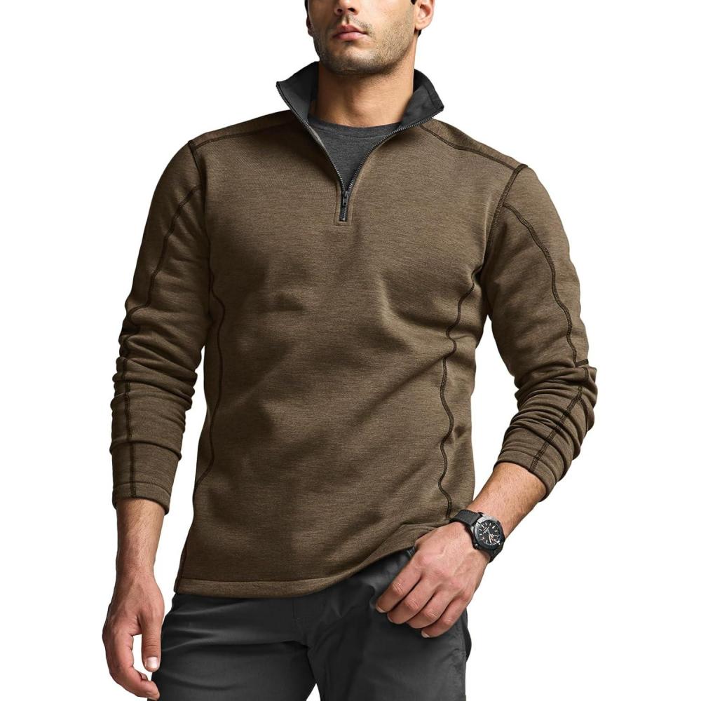 imageCQR Mens Thermal Fleece Quarter Zip Sweater Outdoor Lightweight Long Sleeve Pullover Casual Mock Neck Polo SweatersCrest Hazelnut