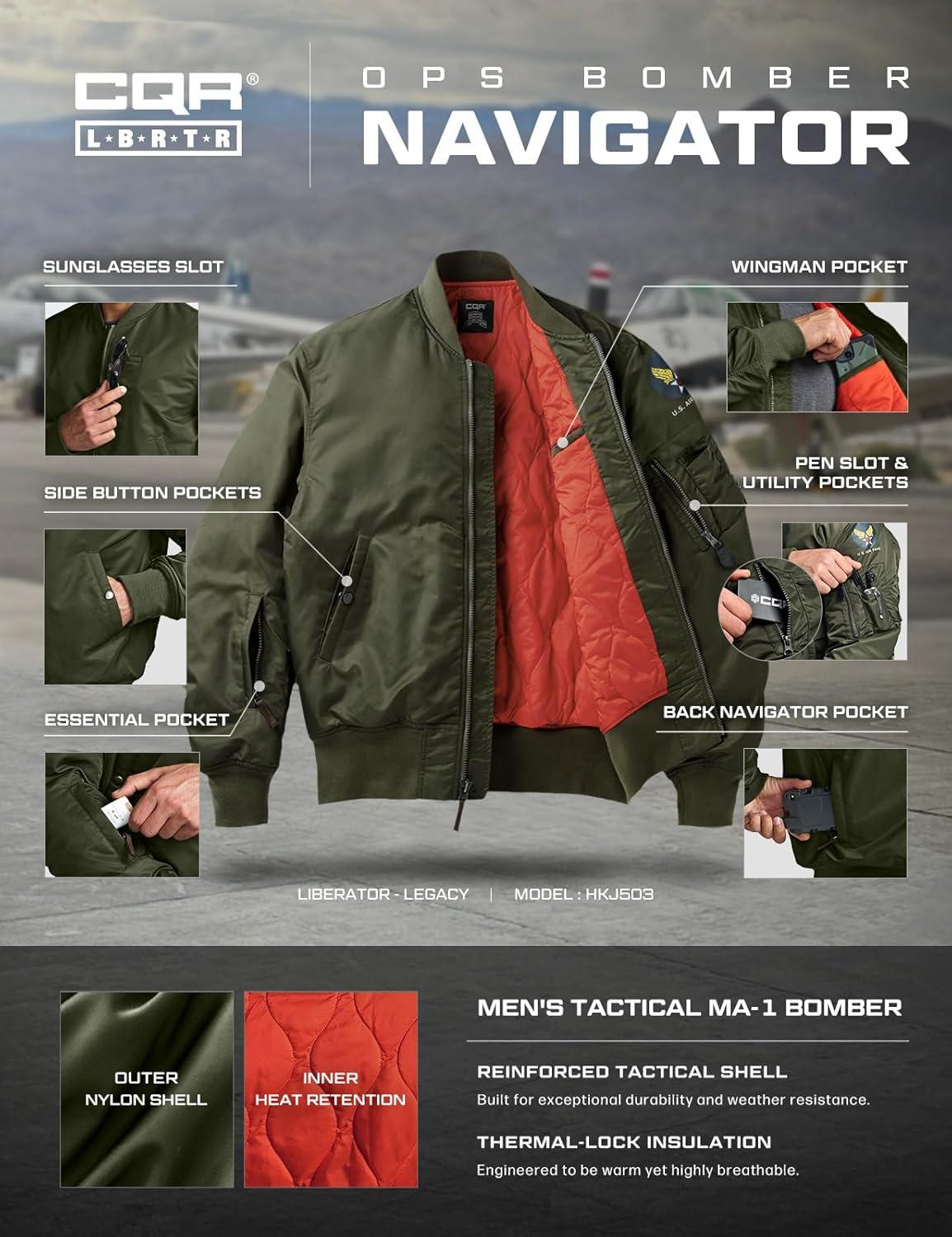 imageCQR Mens Casual Bomber Jacket Outdoor FallWinter ZipUp Windbreaker Water Resistant Padded MA1 Flight Jacket with PocketNavigator Af Army Green